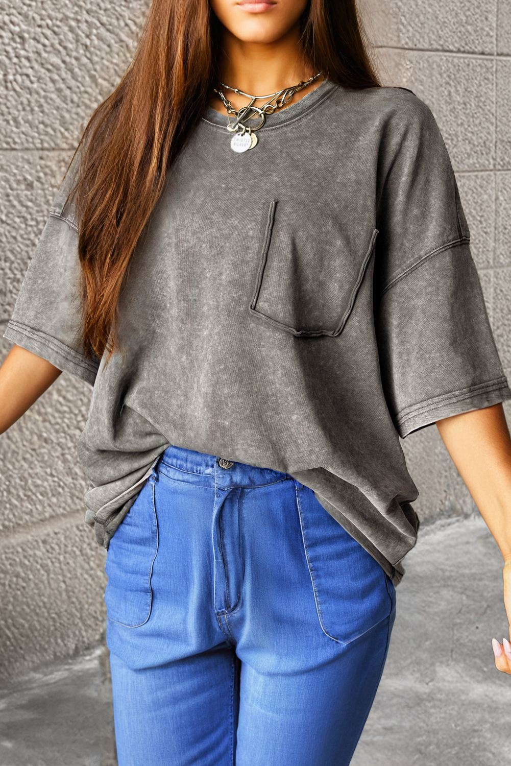 T-shirt femme manches 3/4, vintage, coupe boyfriend — gris