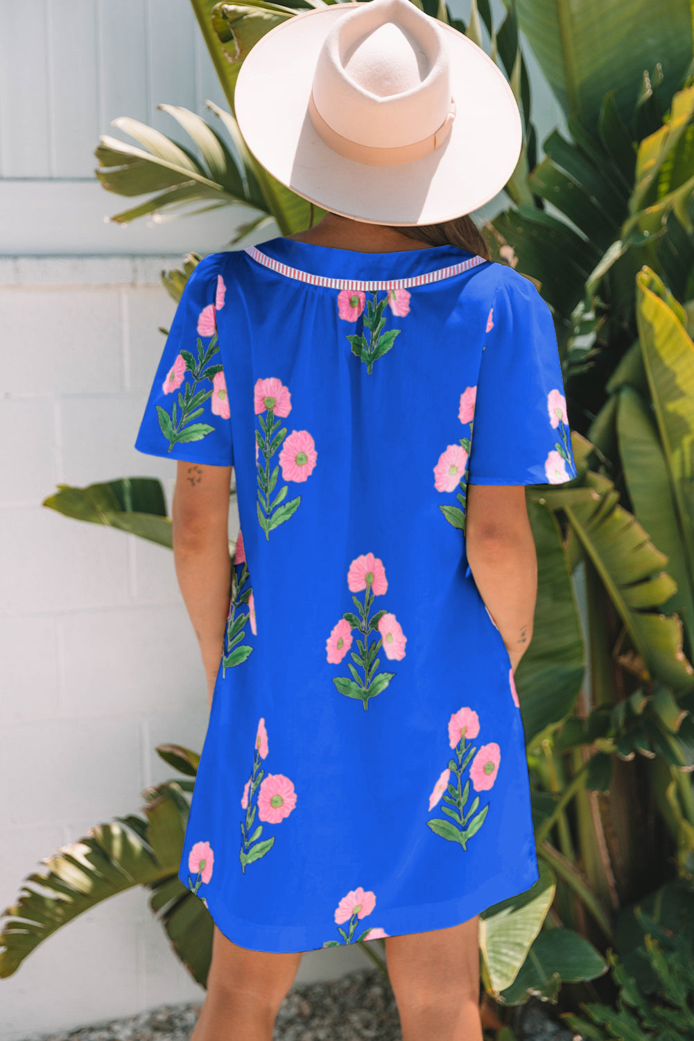 Blue floral à manches courtes couche divisée mini robe lâche