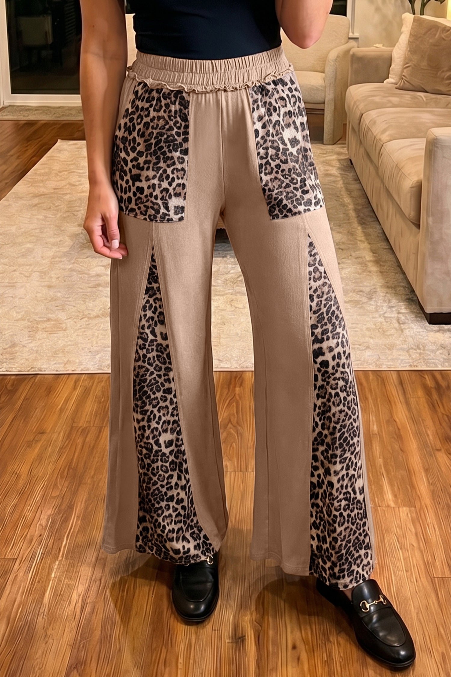 Pantalon femme léopard, patchwork, jambe large — jaune