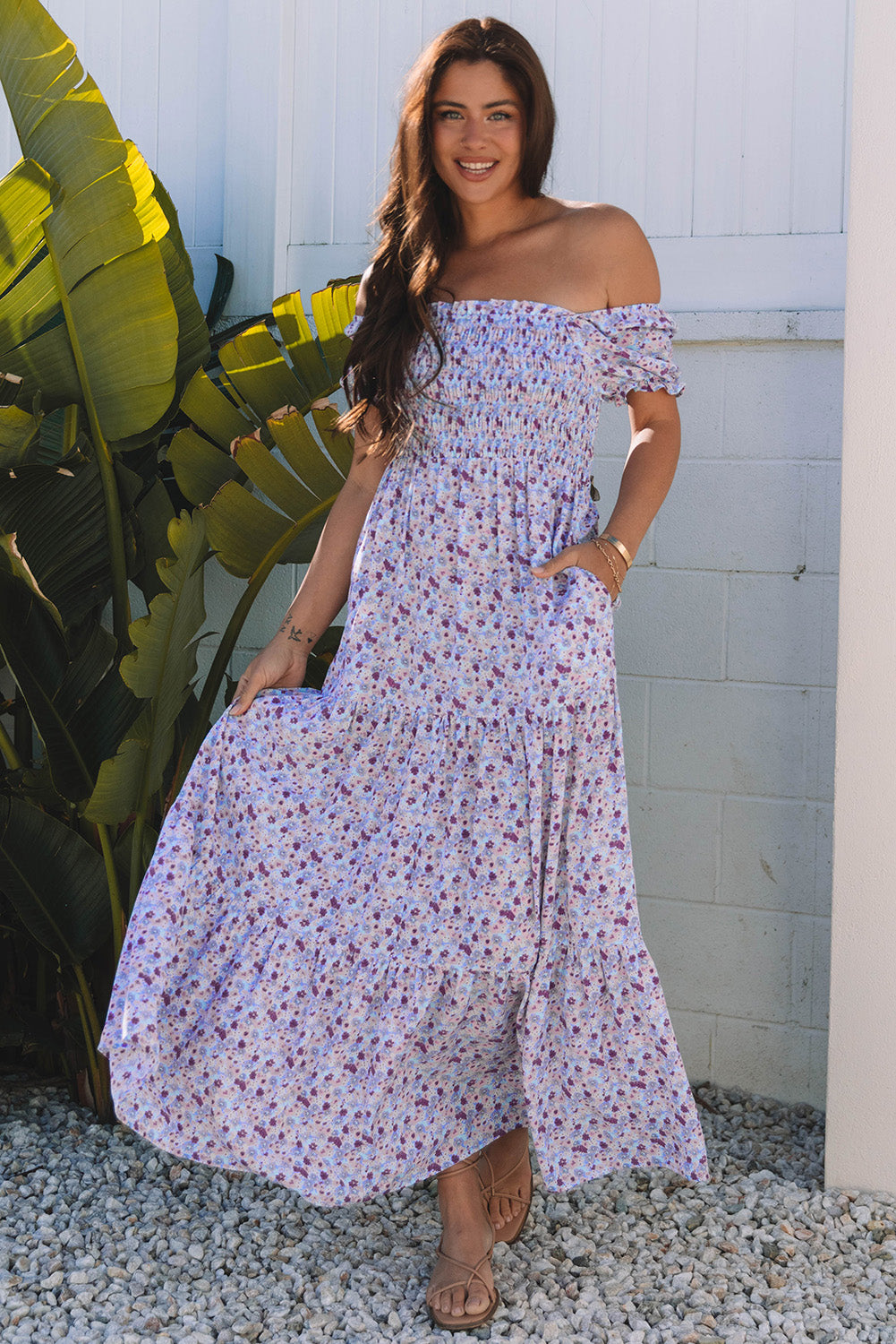 Robe longue femme floral, smocké, manches ballon, taille haute, maxi — violet