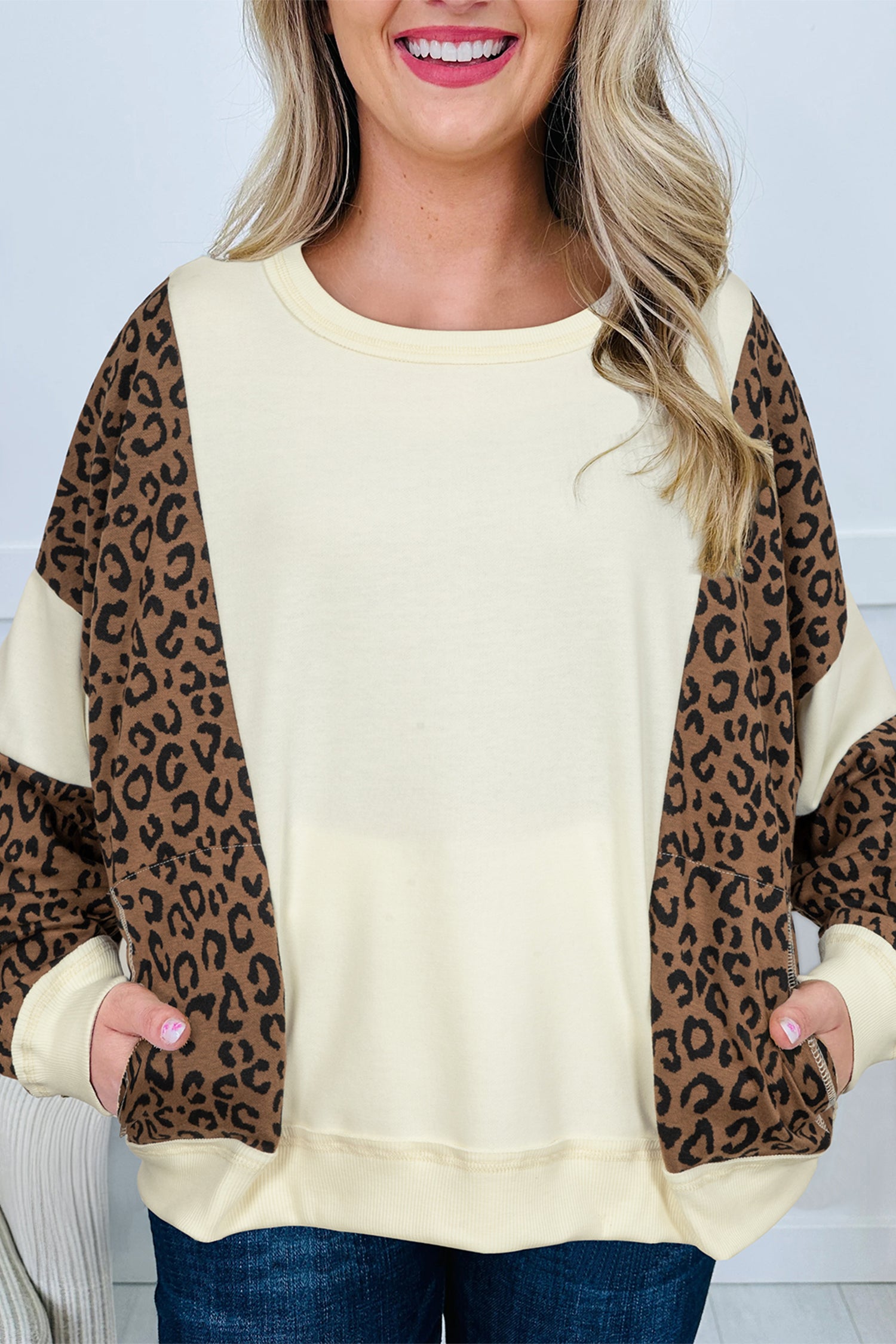 Haut femme léopard, patchwork, manches longues, colorblock — beige