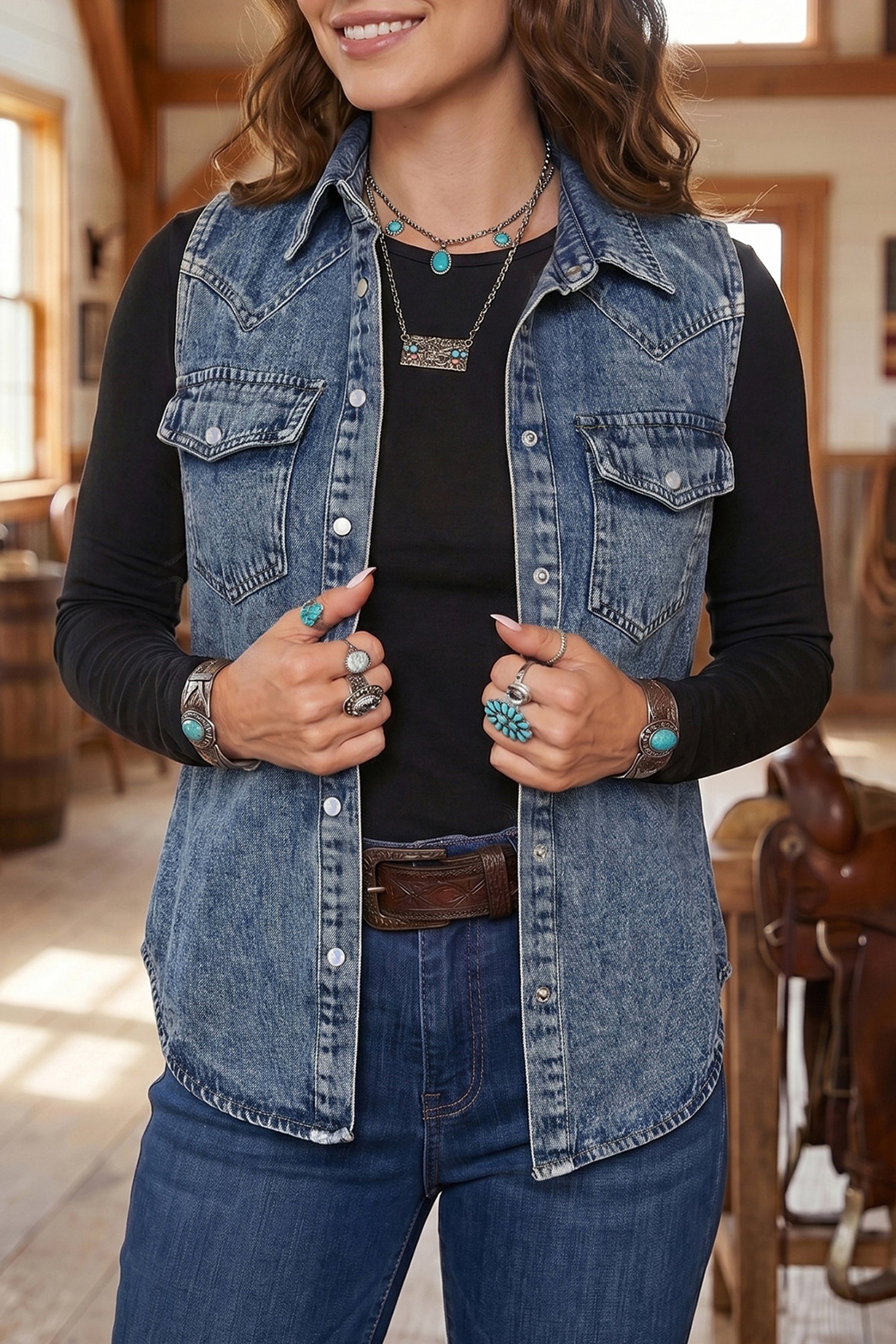 Pièce mode femme boutonnée, poches, sans manches, uni, denim — bleu