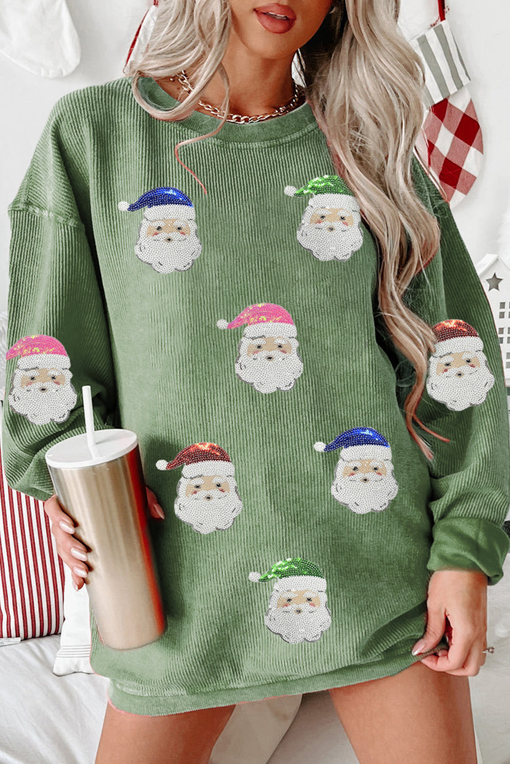 Sweat femme graphique, paillettes, Noël, côtelé — vert