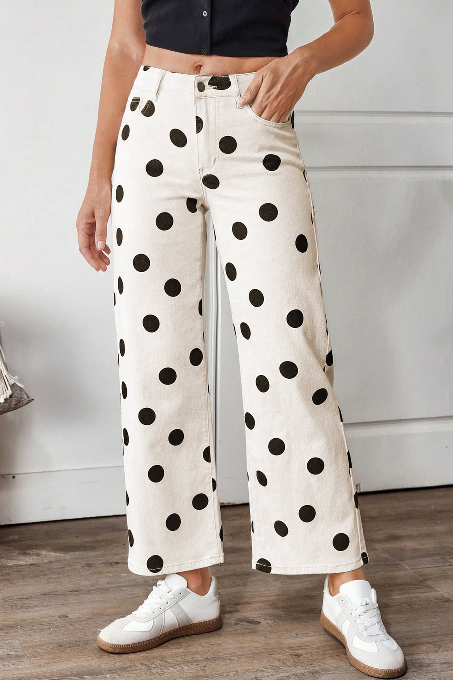 Jean femme pois, jambe large — blanc