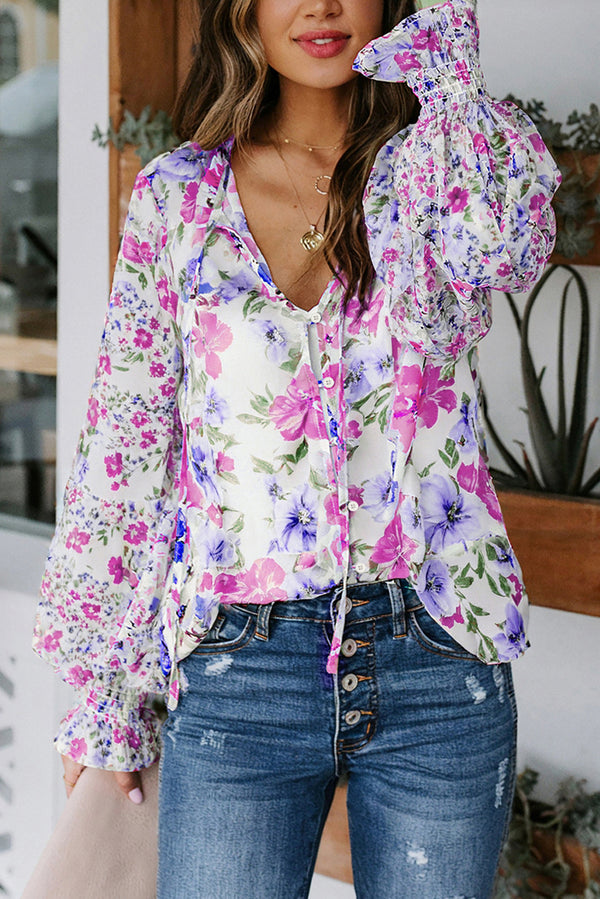Blouse floral, smocké, casual