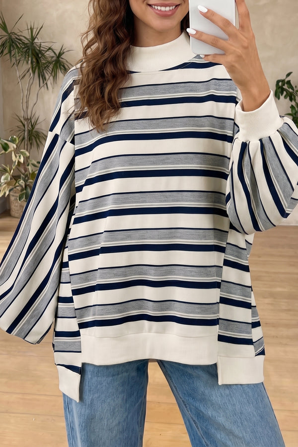 Sweat femme rayé, manches longues, côtelé — bleu