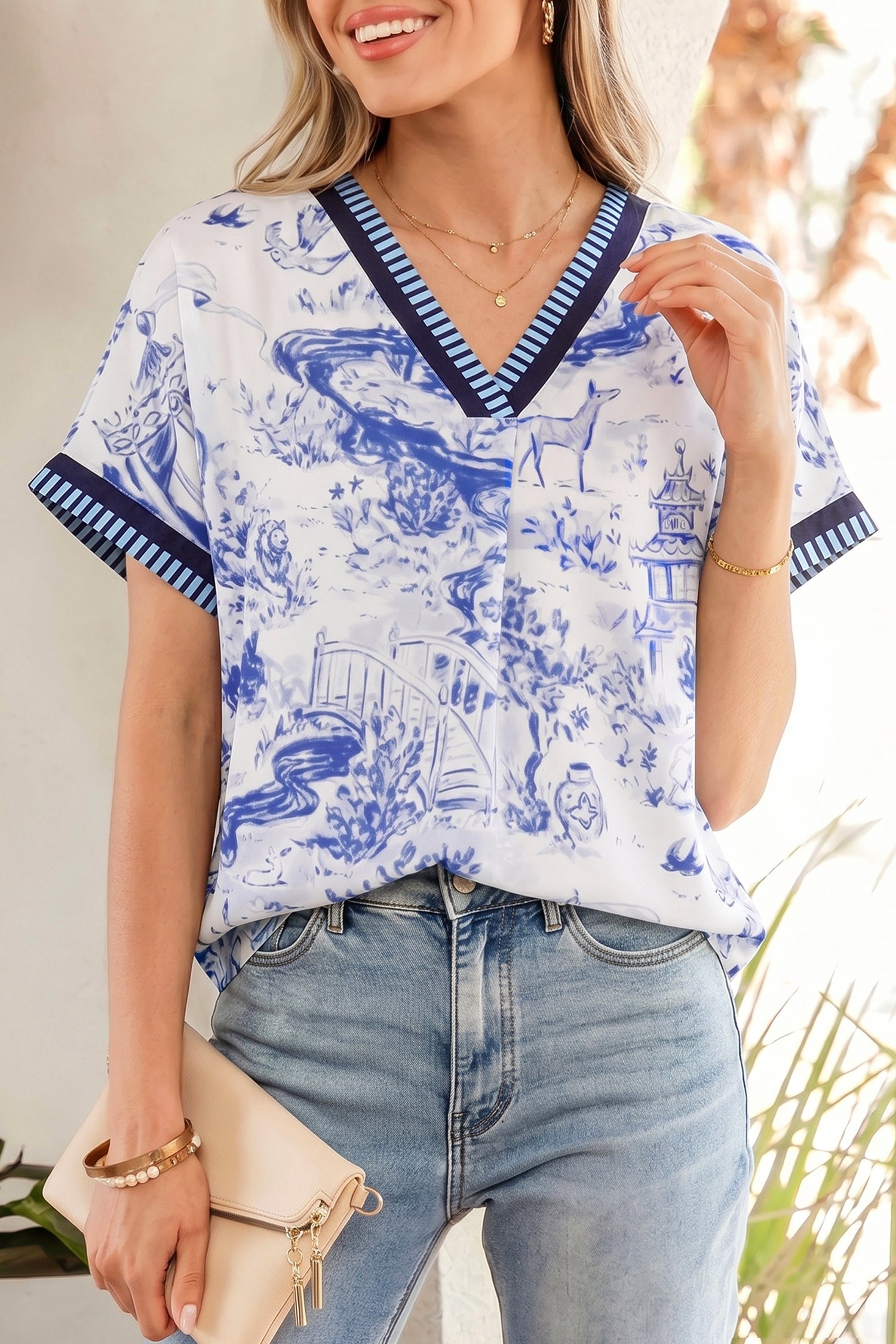 Blouse femme rayé, manches courtes, col V — bleu