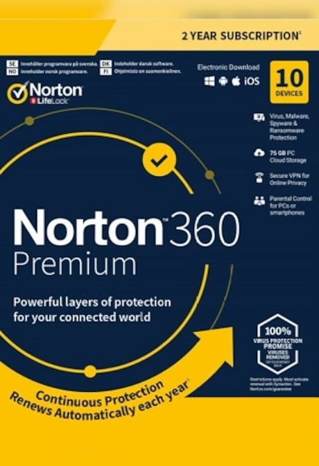Norton 360 Premium + 75 GB Cloud Storage (10 Devices, 1 Year) - NortonLifeLock Key - UNITED KINGDOM