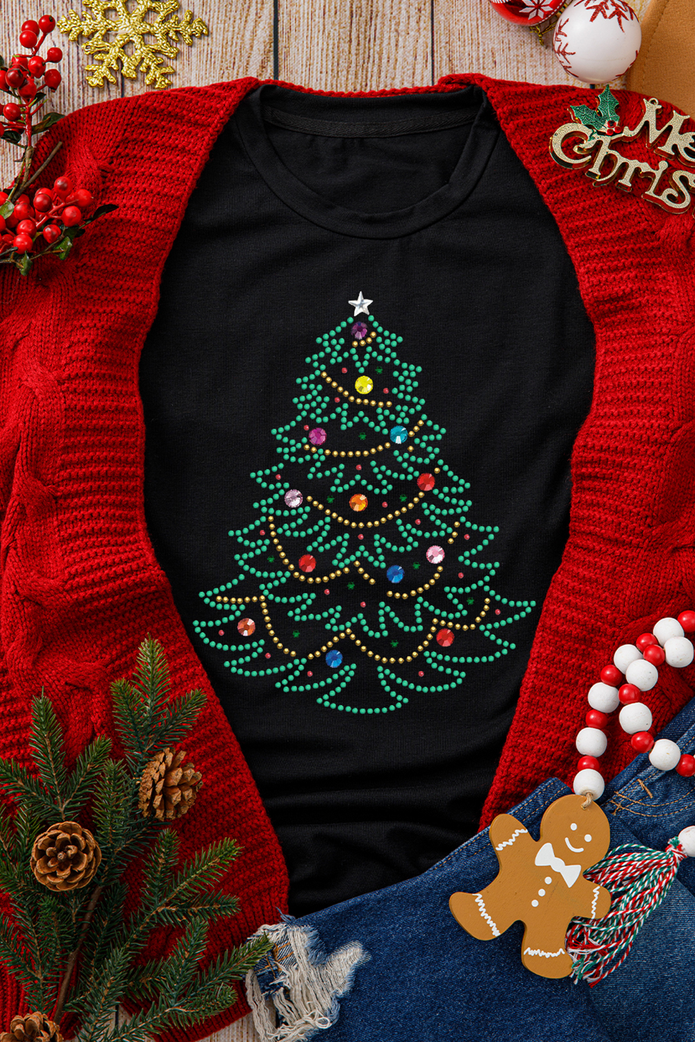 T-shirt femme graphique, strass, Noël, col rond — noir