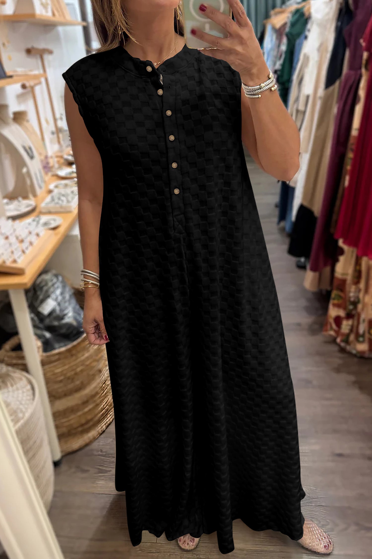 Combinaison femme boutonnée, demi-boutonnage, sans manches, jambe large — noir