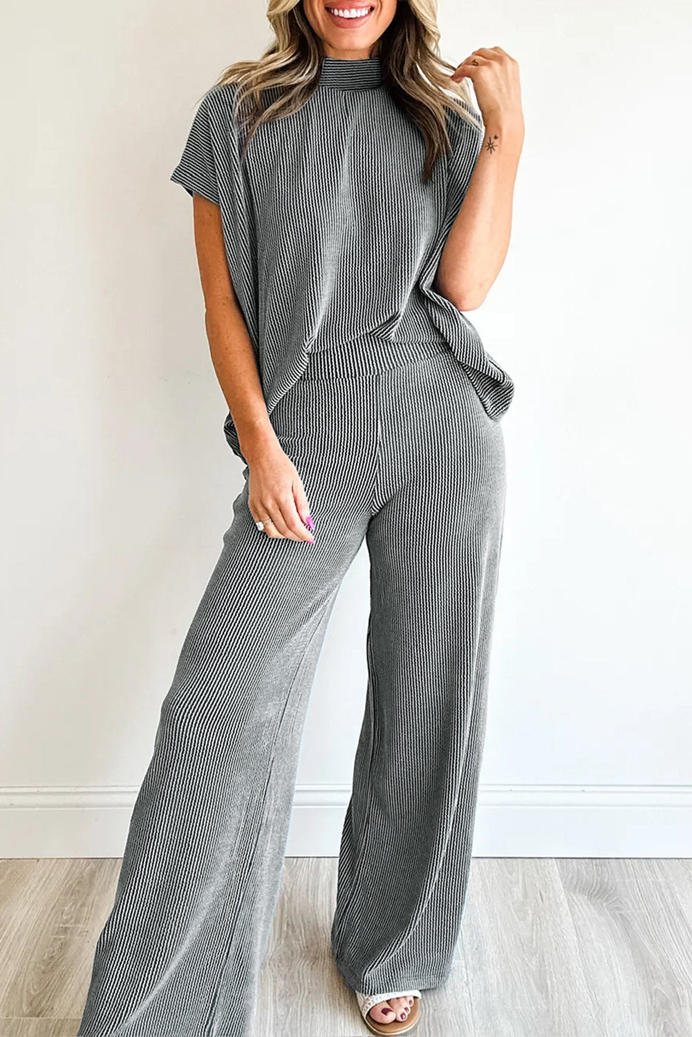 Pantalon femme col montant, taille haute, ample, côtelé — gris foncé · LC628364-P2011 · LC628364-P2011-L