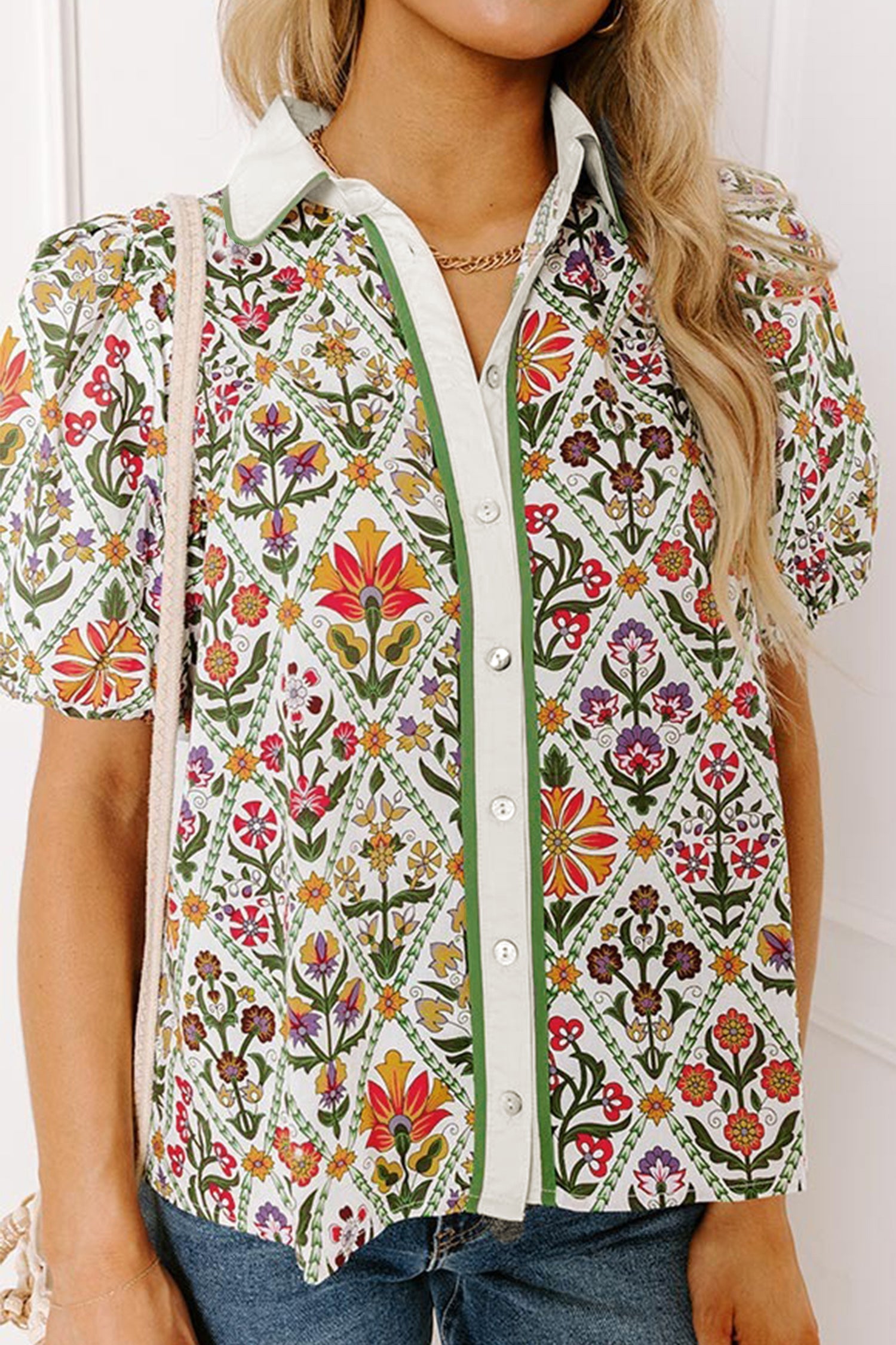 Short femme floral, manches ballon — vert