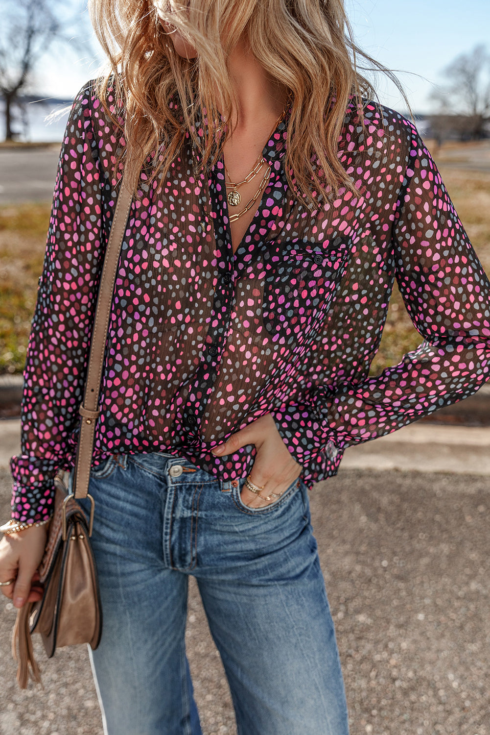 Chemise femme pois, boutonnée, casual — bordeaux-P1608