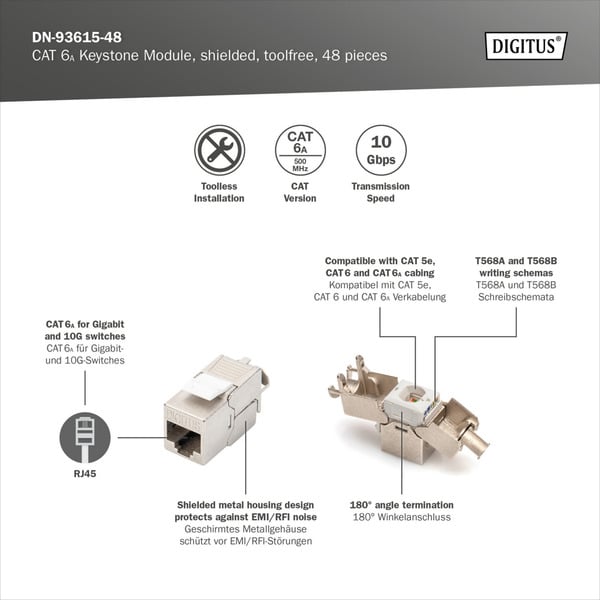 (€ 2,13 / pièces) Digitus CAT 6A Keystone-Modul geschirmt werkzeugfrei 48 Stk. - Digitus - vue 9