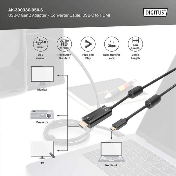 Digitus USB-C Adapterkabel USB-C > HDMI A, 4K @ 60HZ - Digitus - vue 3
