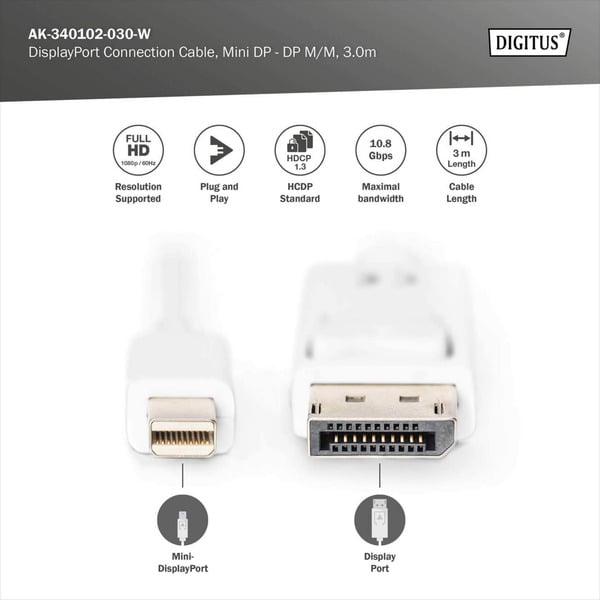 (€ 1,45 / 1 m) Digitus mini-DisplayPort > DisplayPort Anschlusskabel, Full HD 1080p - Digitus - vue 3