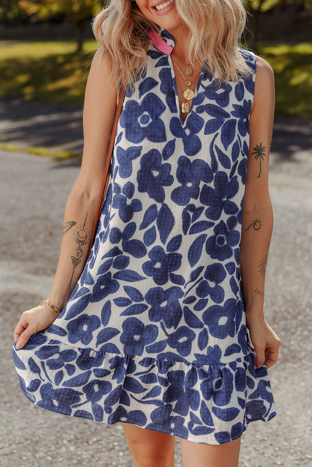 Robe courte femme floral, sans manches, col V, colorblock — bleu