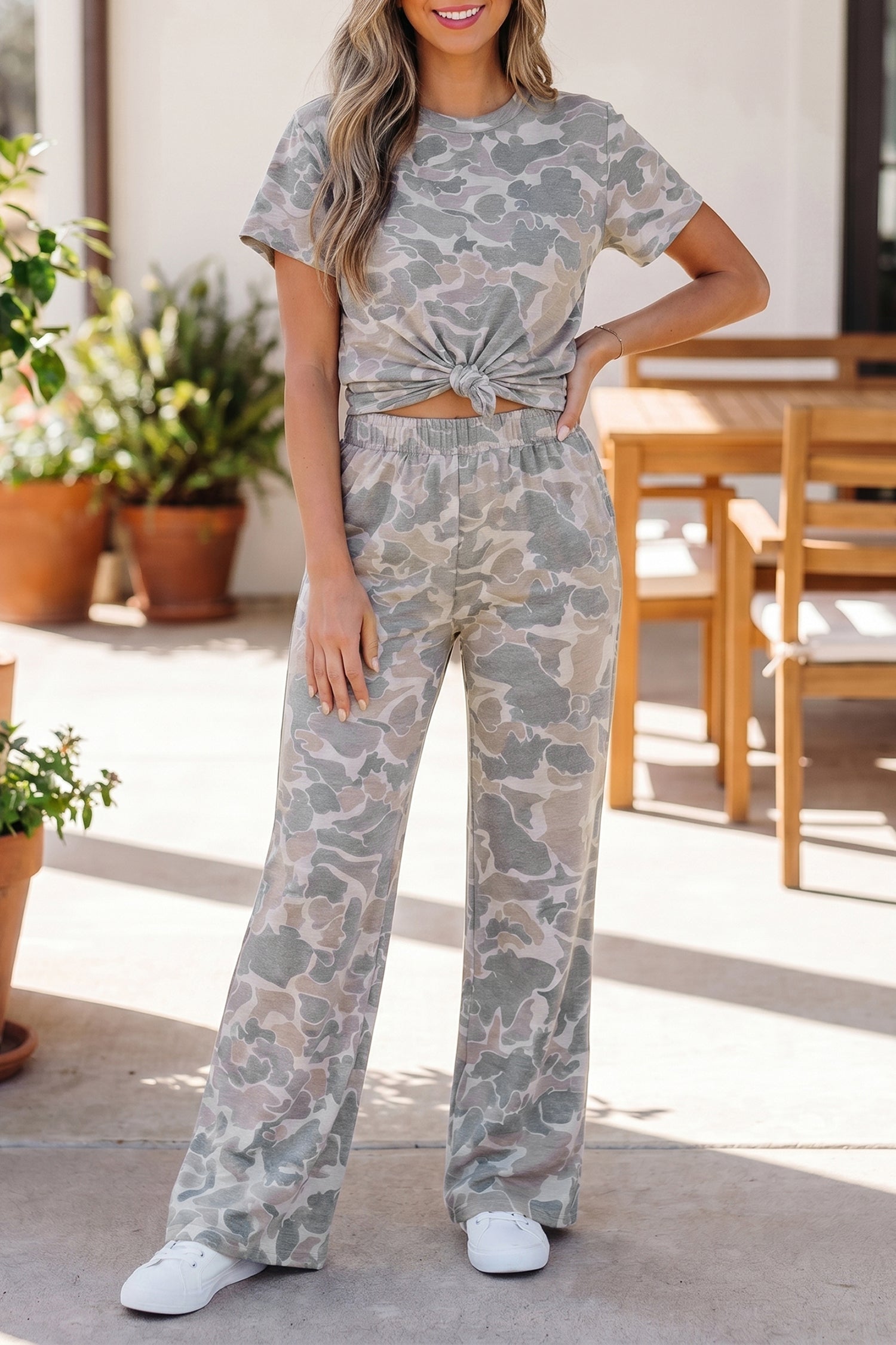 Ensemble femme camouflage, manches courtes, taille haute, jambe large — multicolore