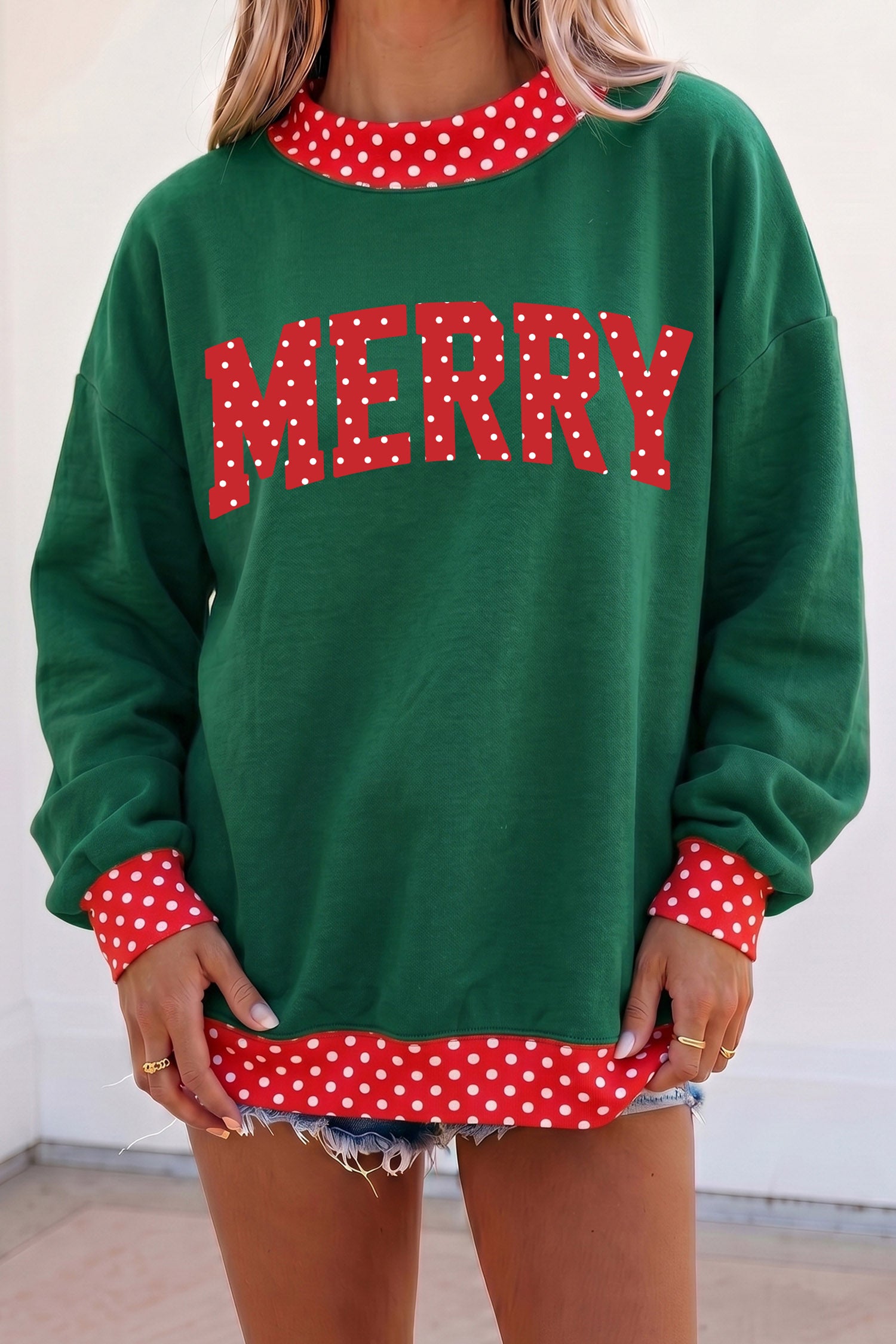 Sweat femme pois, Noël, bordure contrastée — vert foncé