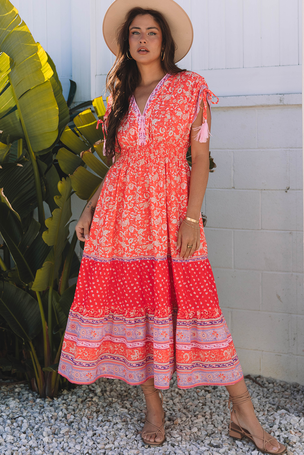 Robe longue femme floral, maxi — rouge-P10320