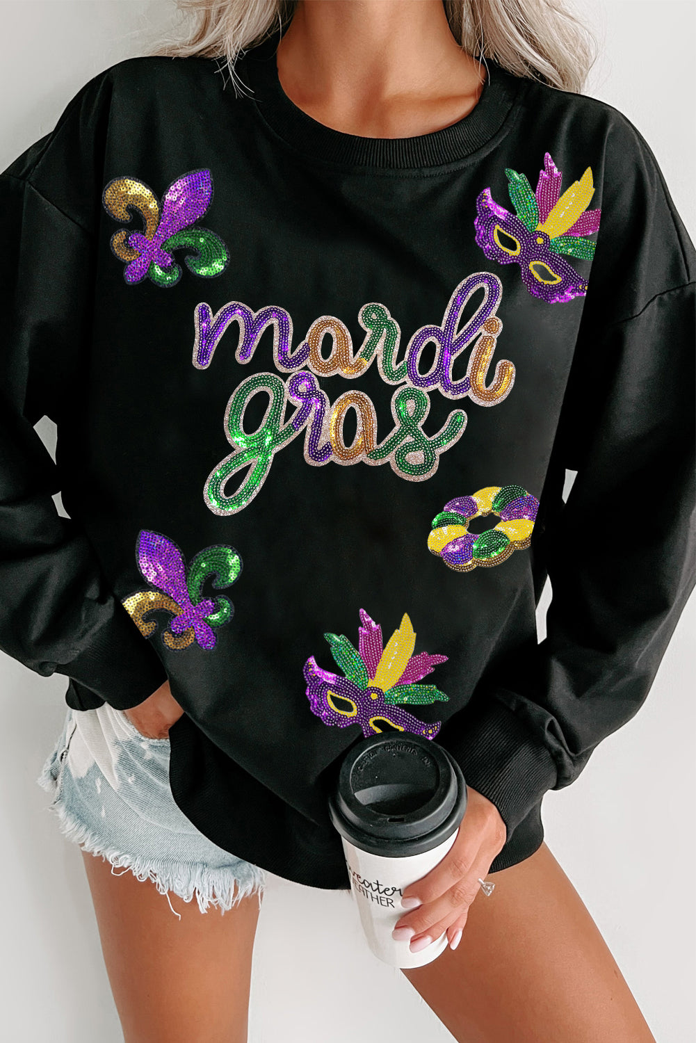 Sweat femme graphique, paillettes — noir