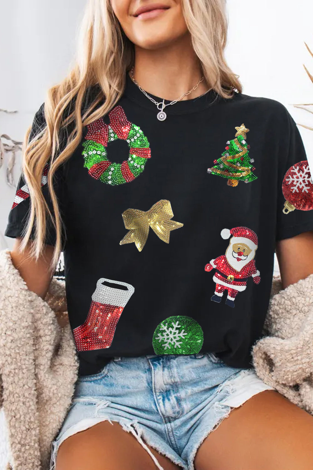 T-shirt femme graphique, paillettes, Noël, col rond — noir