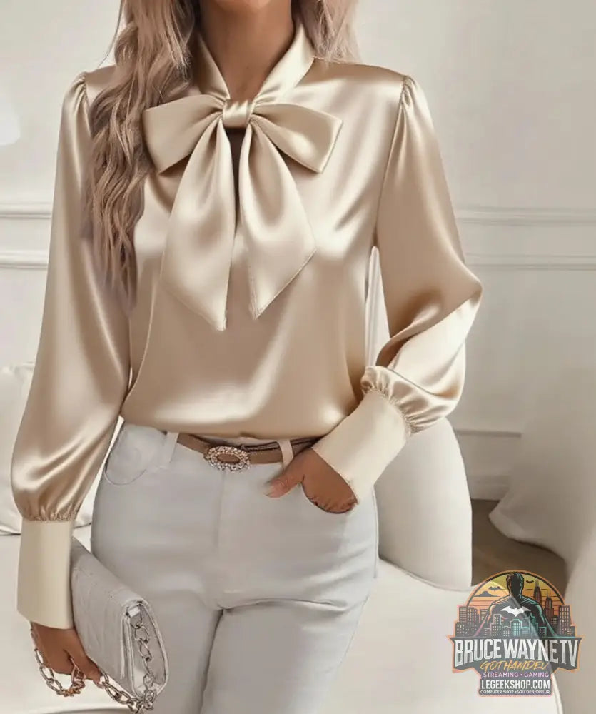 🎀 Chemise Satin Nœud Femme - Couleur Unie Casual Polyvalente 🎀 - Khaki / S - Chemise Satin Nœud Femme
