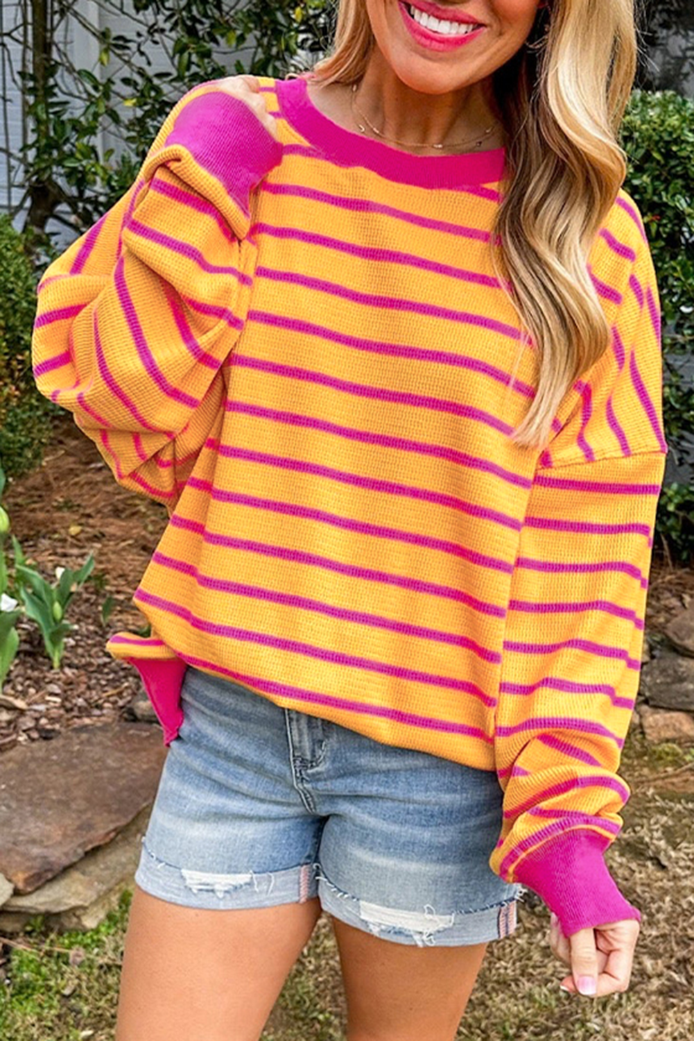 Pull femme rayé, épaules tombantes, col rond, ample — orange-P1419