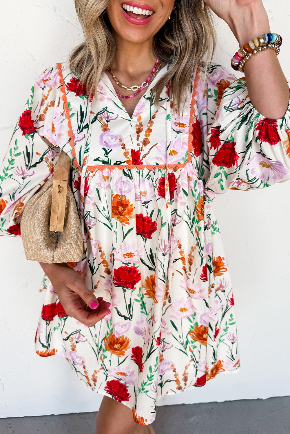 Robe courte femme floral, manches bouffantes — beige
