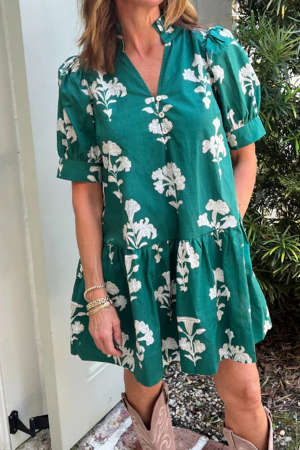 Robe courte femme floral, manches courtes, col V — vert
