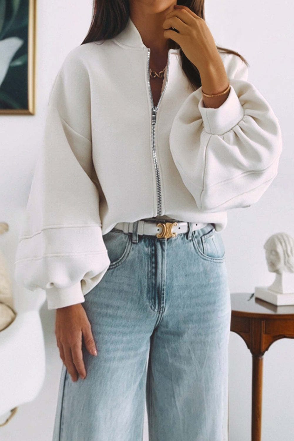 Veste femme en maille, zip, manches bouffantes, uni — blanc