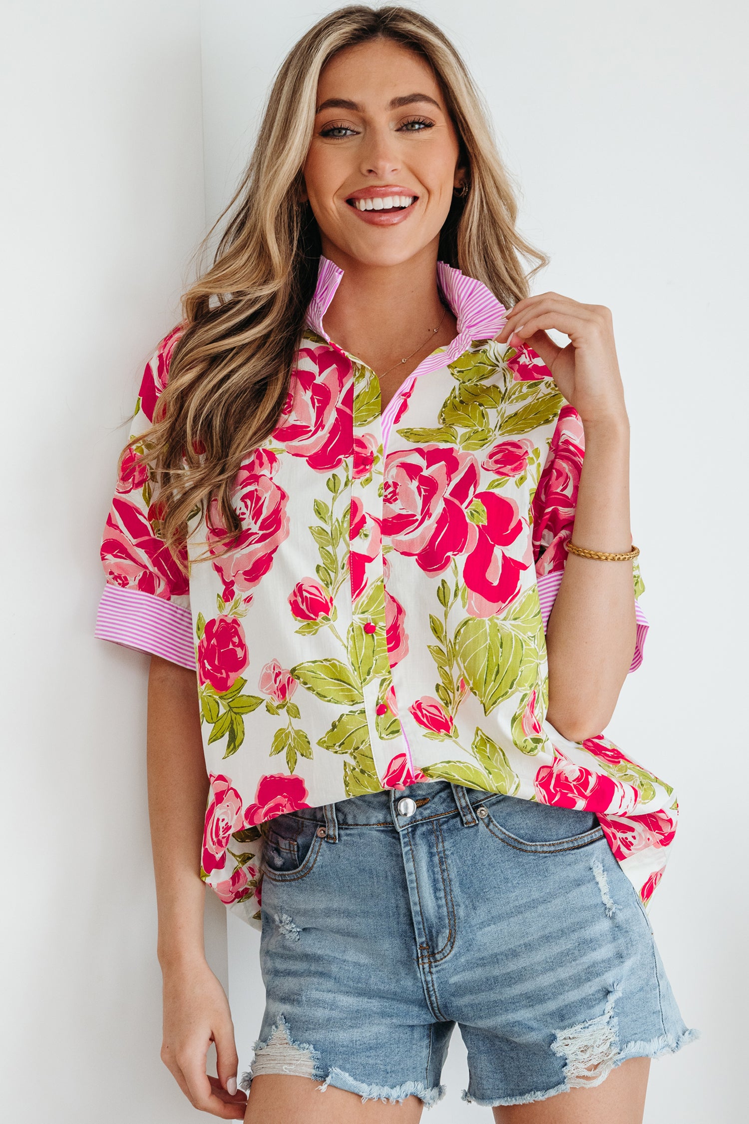 Chemise femme rayé, manches courtes — rose