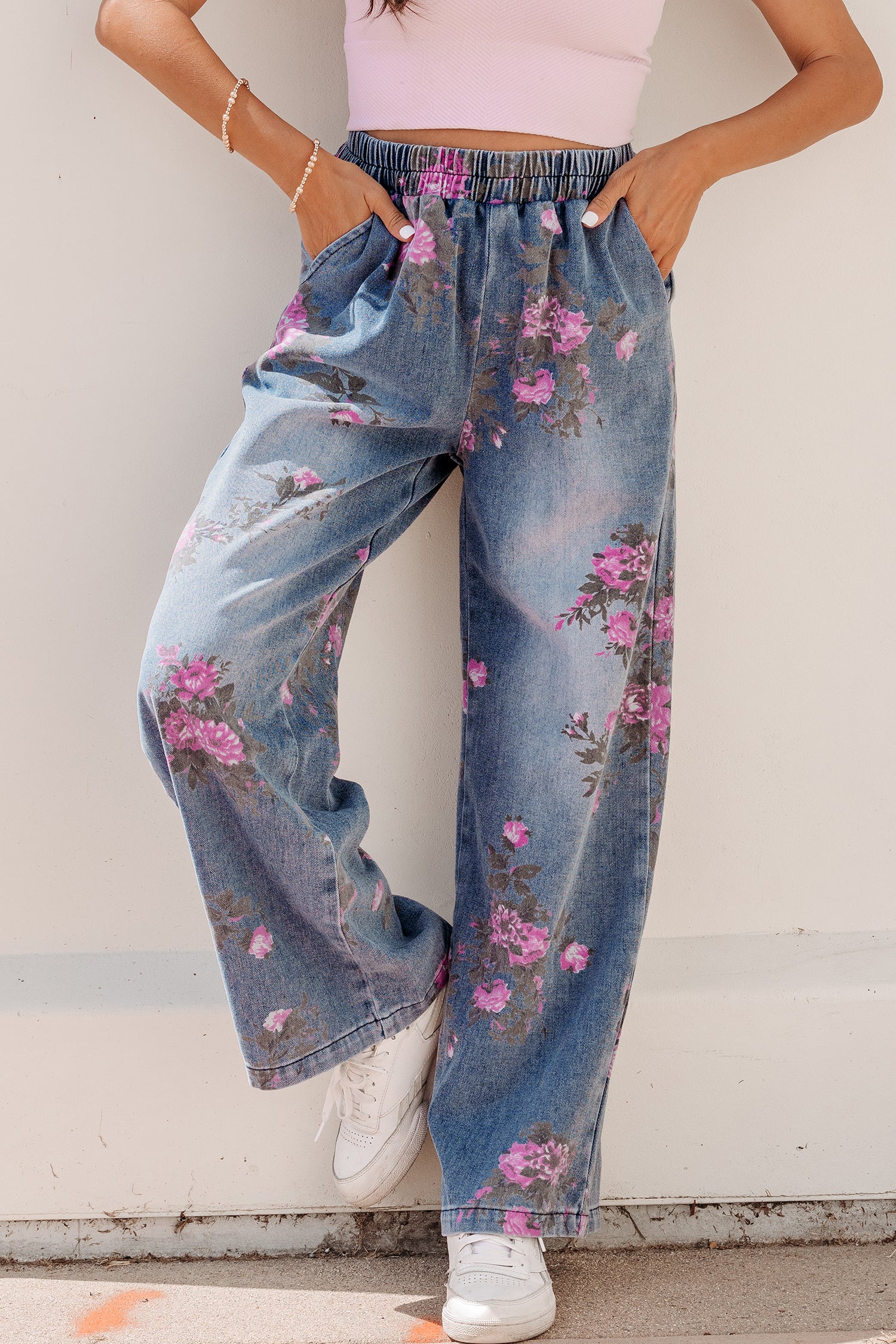 Jean femme floral, taille élastique, casual — bleu ciel-P804