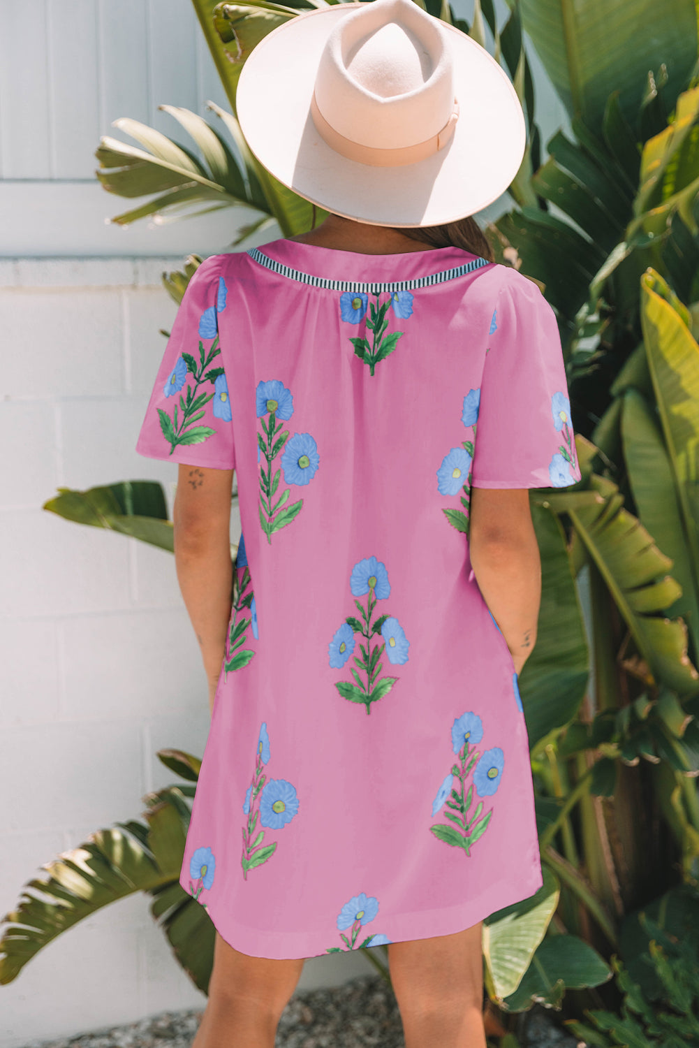 Blue floral à manches courtes couche divisée mini robe lâche