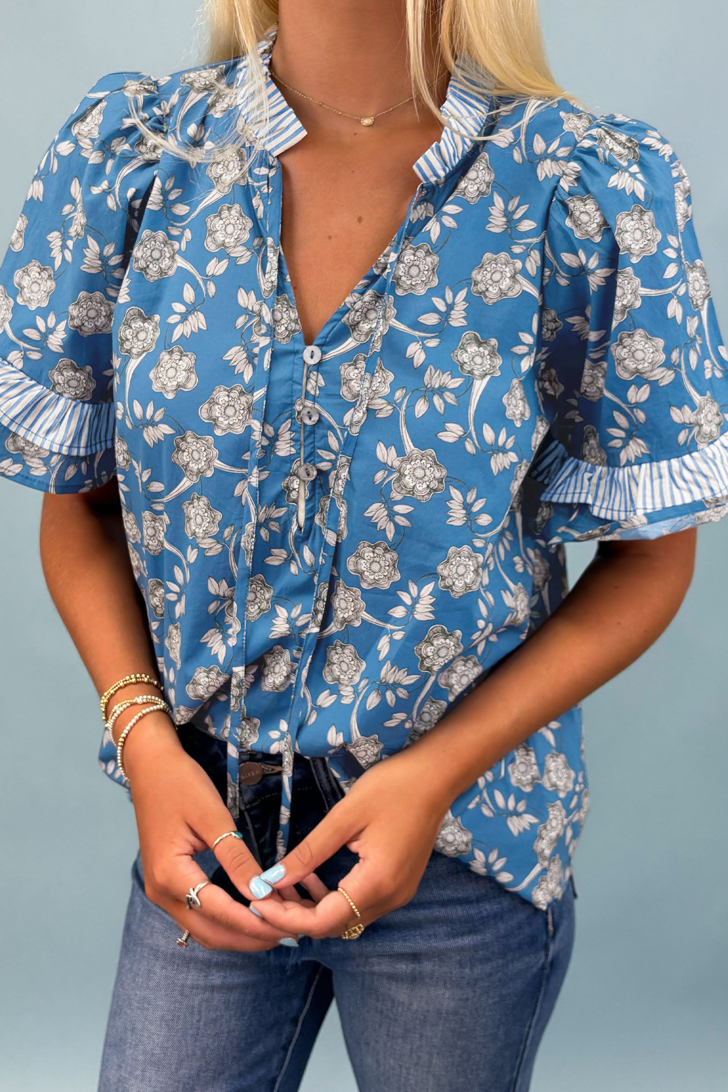 Blouse femme floral, rayé, boutonnée, manches courtes — bleu