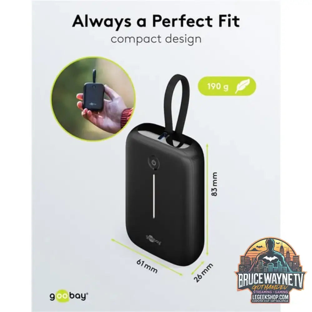 goobay Powerbank 10.000 mAh, integriertes USB-C Kabel 13cm, 20 Watt schwarz, 10 Ah, 1x USB-A, 2x USB-C, PD, QC - Stromquelle: USB-C - vue 7