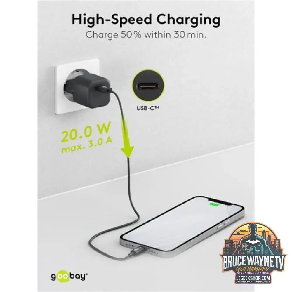 goobay USB-C Schnellladegerät Nano, PD, GaN, 20 Watt schwarz, 1x USB-C, Power Delivery 3.0 - goobay - vue 6