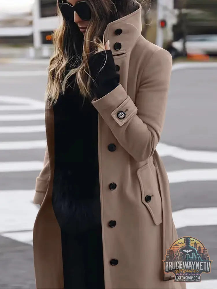 🧥 Manteau Femme Laine Col Montant Slim Fit Élégant 🧥 - Khaki / XS - Manteau Femme