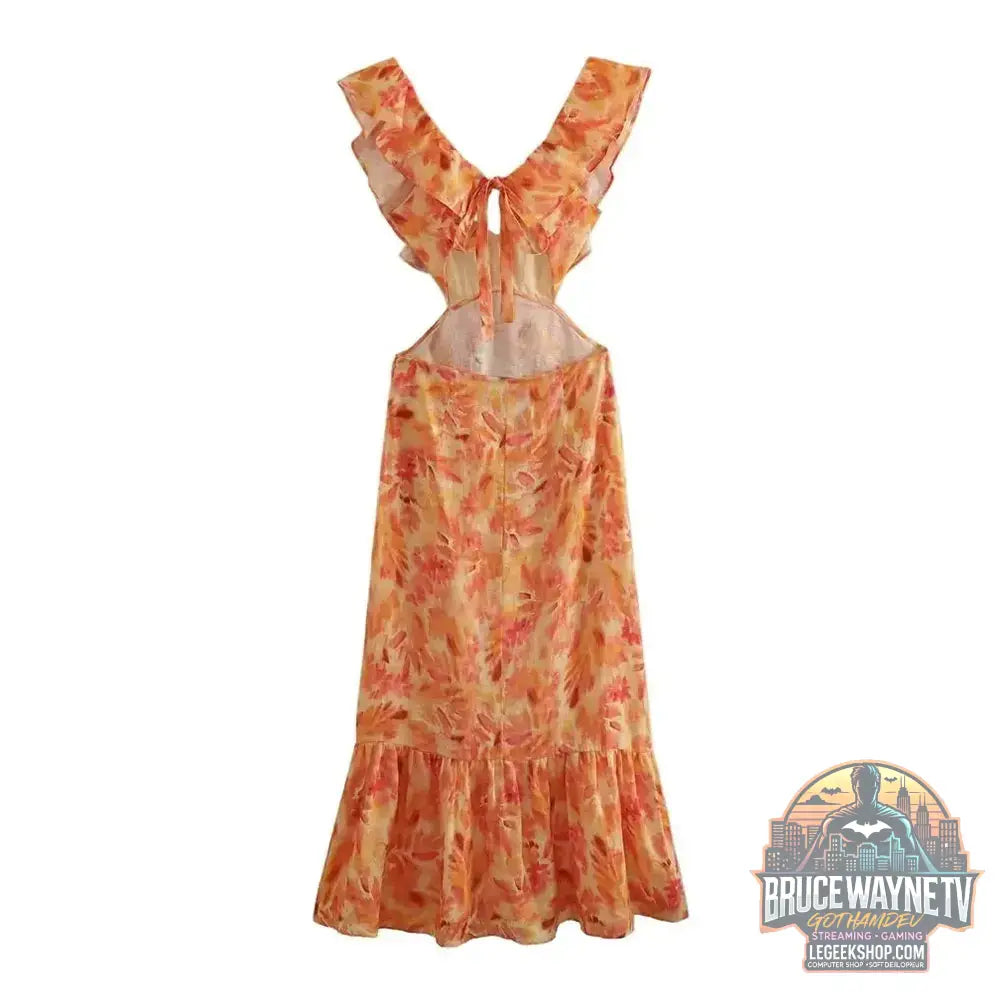 Robe longue Orange pour femmes mode d’été Sexy col en v sans manches dos nu imprimé à volants ajouré robes de plage