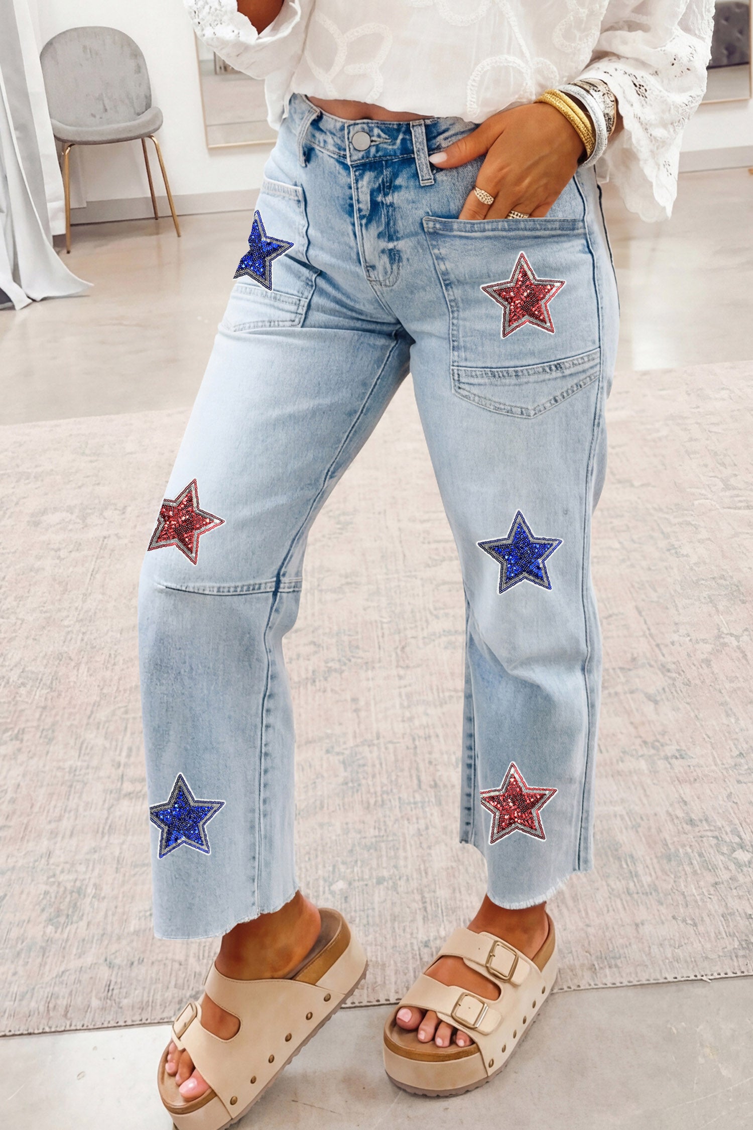 Jean femme paillettes, poches — bleu ciel