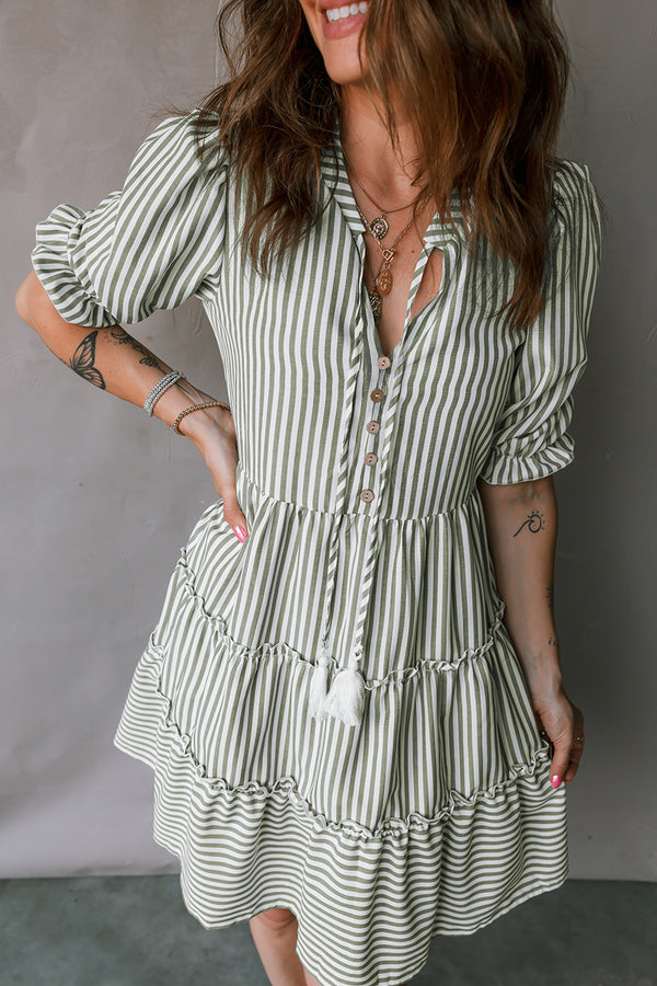 Robe femme rayé, à volants, à étages, manches courtes — vert
