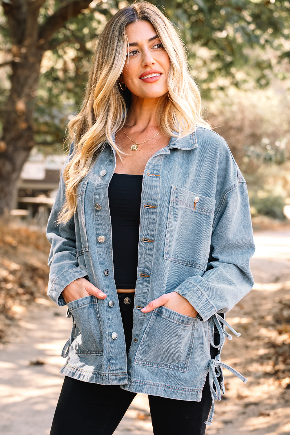 Veste femme poches, denim, coupe boyfriend — bleu ciel