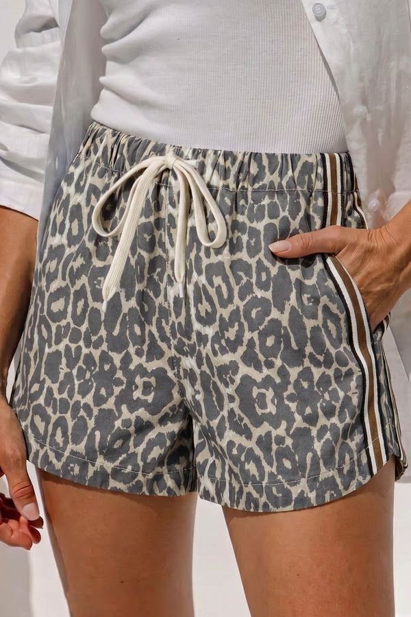 Short femme léopard, rayé, à cordon, denim — multicolore