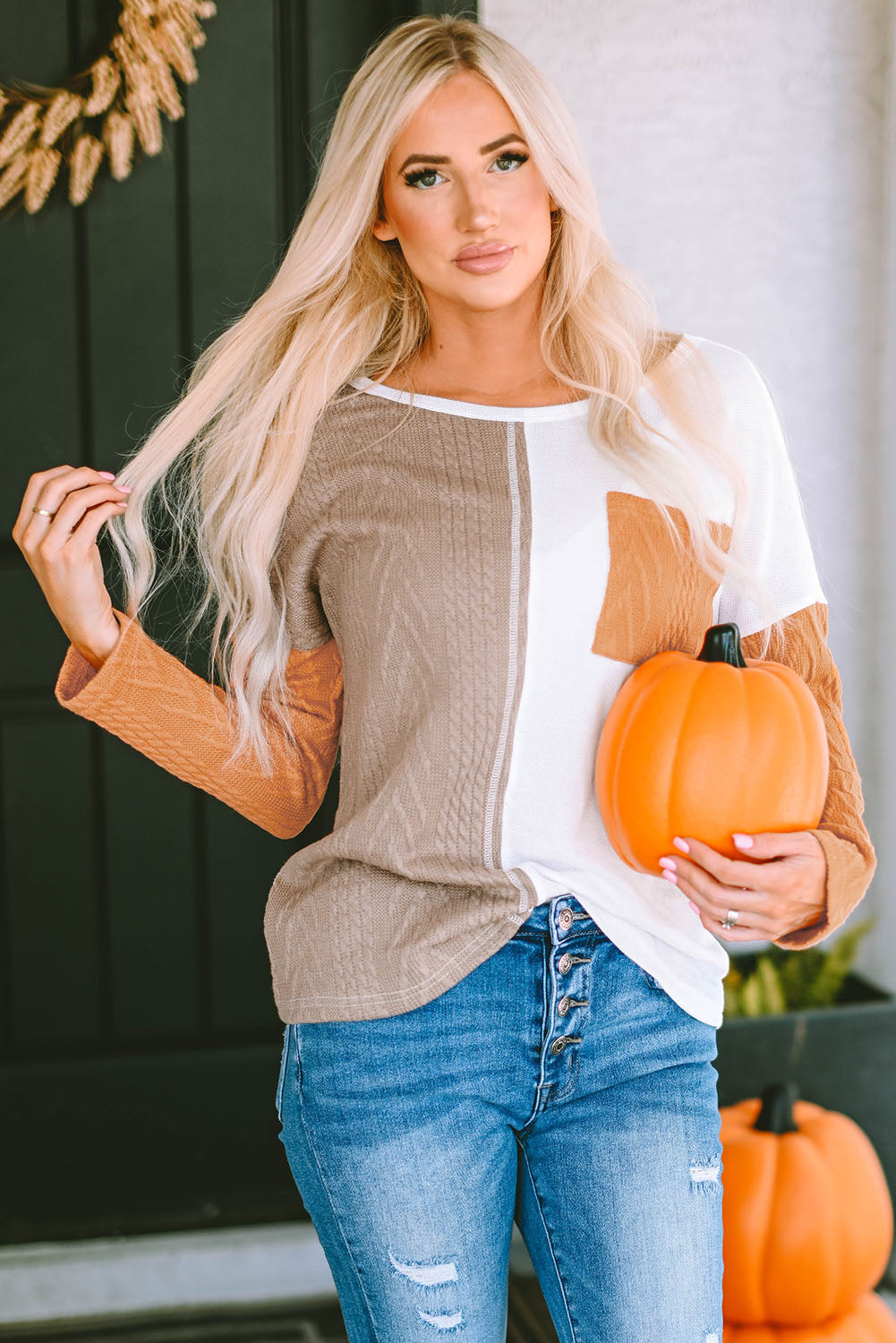 Haut femme en maille, poches, manches longues, colorblock — orange