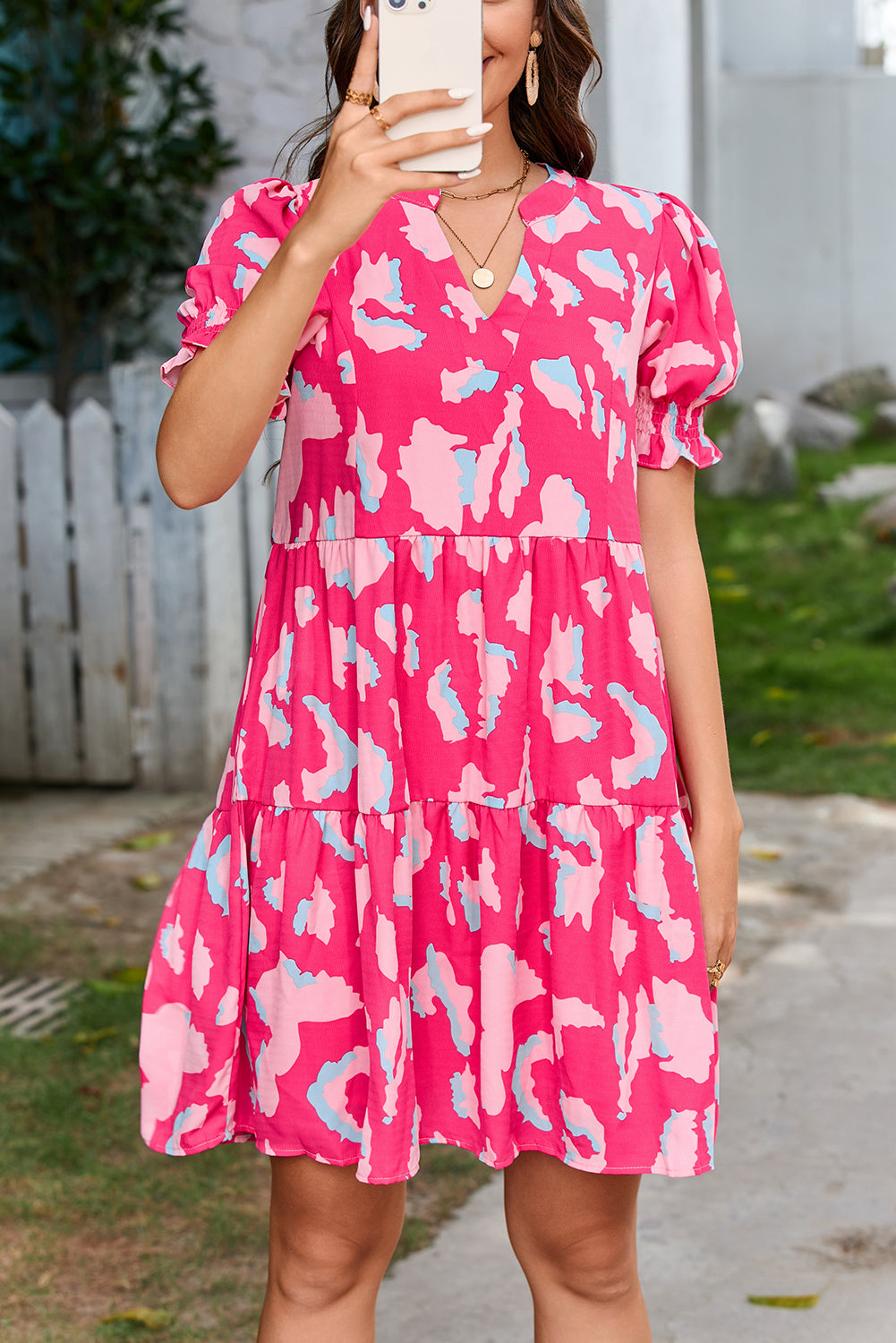 Robe femme à étages, manches courtes, ample — rose