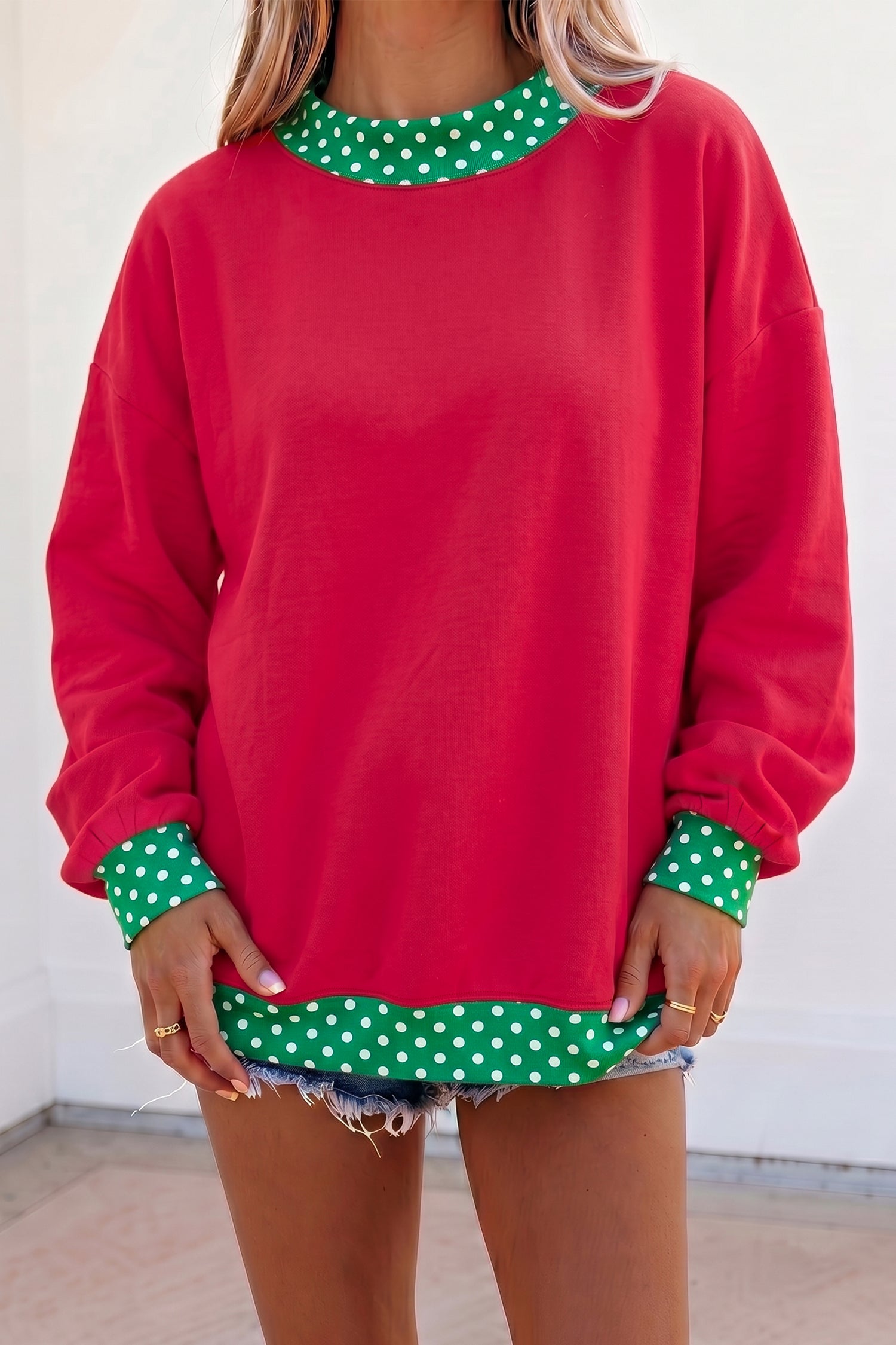 Sweat femme pois, oversized, bordure contrastée, colorblock — rouge