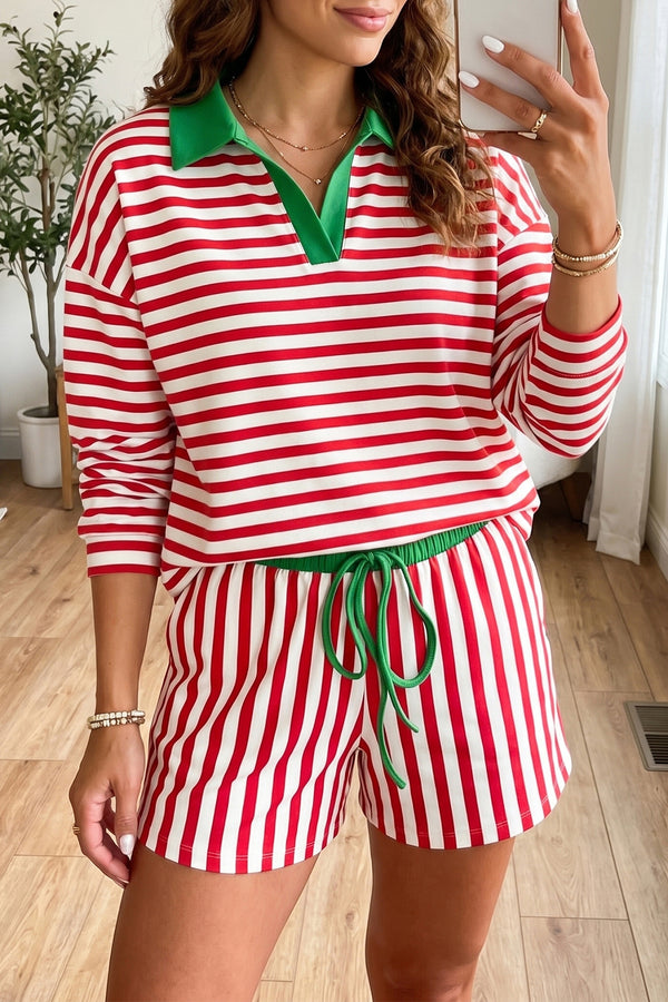 Ensemble femme rayé, à cordon, taille élastique, casual, colorblock — rouge