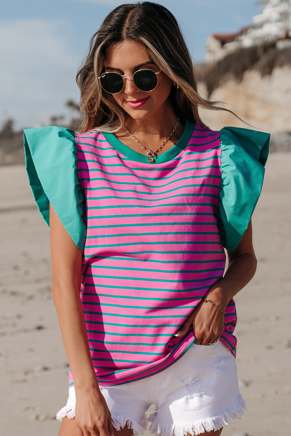 Blouse femme rayé, à volants, col rond, colorblock — rose