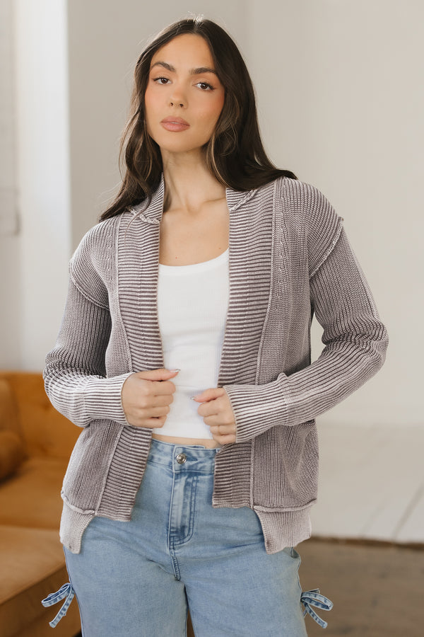 Dark Brown Mineral Wash Exposed Seam Patchwork Knit Open Sweater Cardigan femme