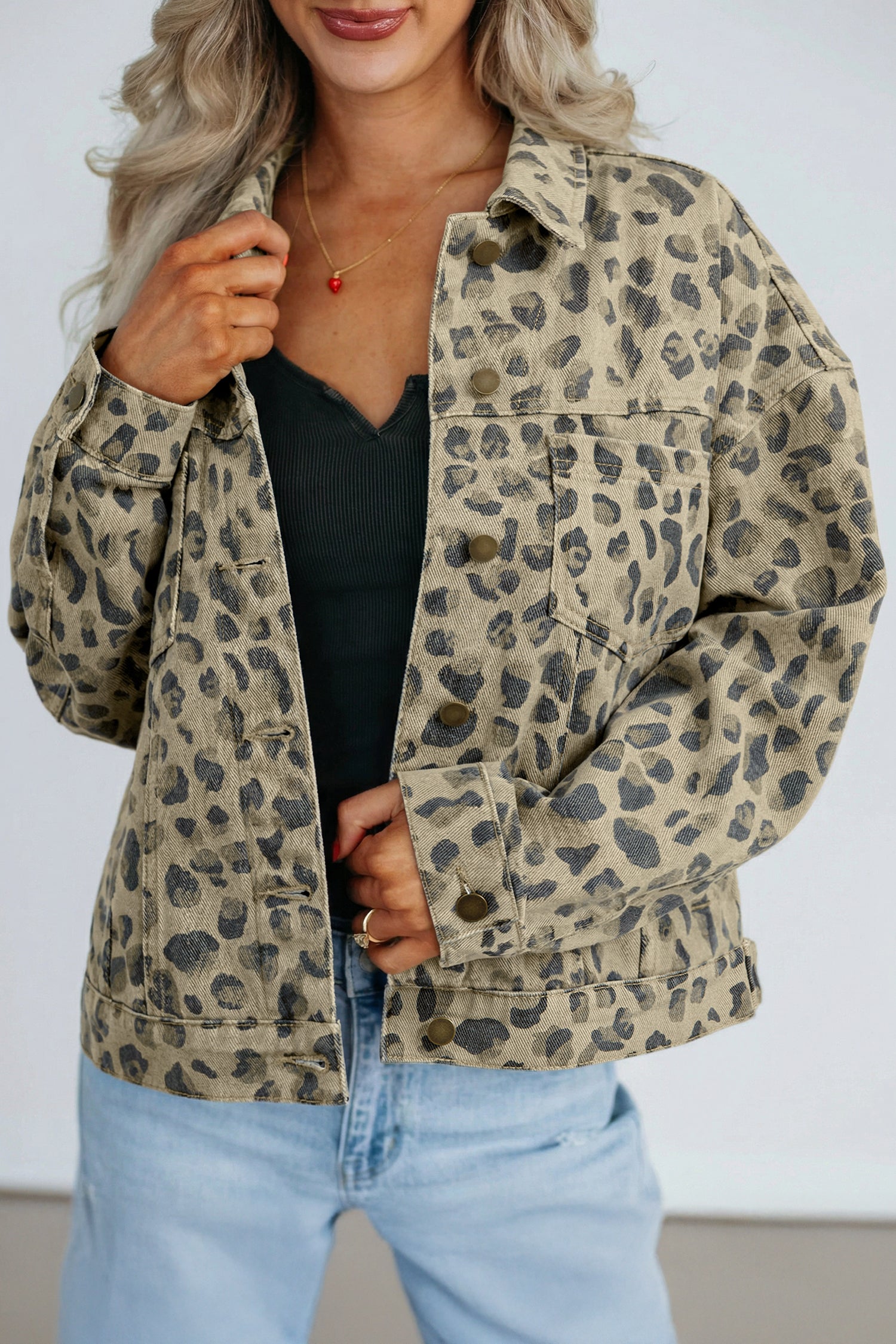 Veste femme léopard, boutonnée, denim — kaki